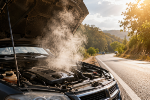 Overheated engine causing a heat-related breakdown during summer.