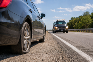 Summer towing after a highway tire blowout.
