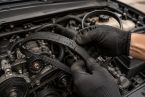 Worn serpentine belt causing a summer vehicle breakdown.