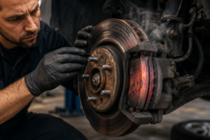 Worn brake pads causing brake rotor damage.