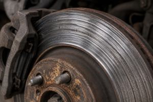 Damaged brake rotor caused by worn brake pads.