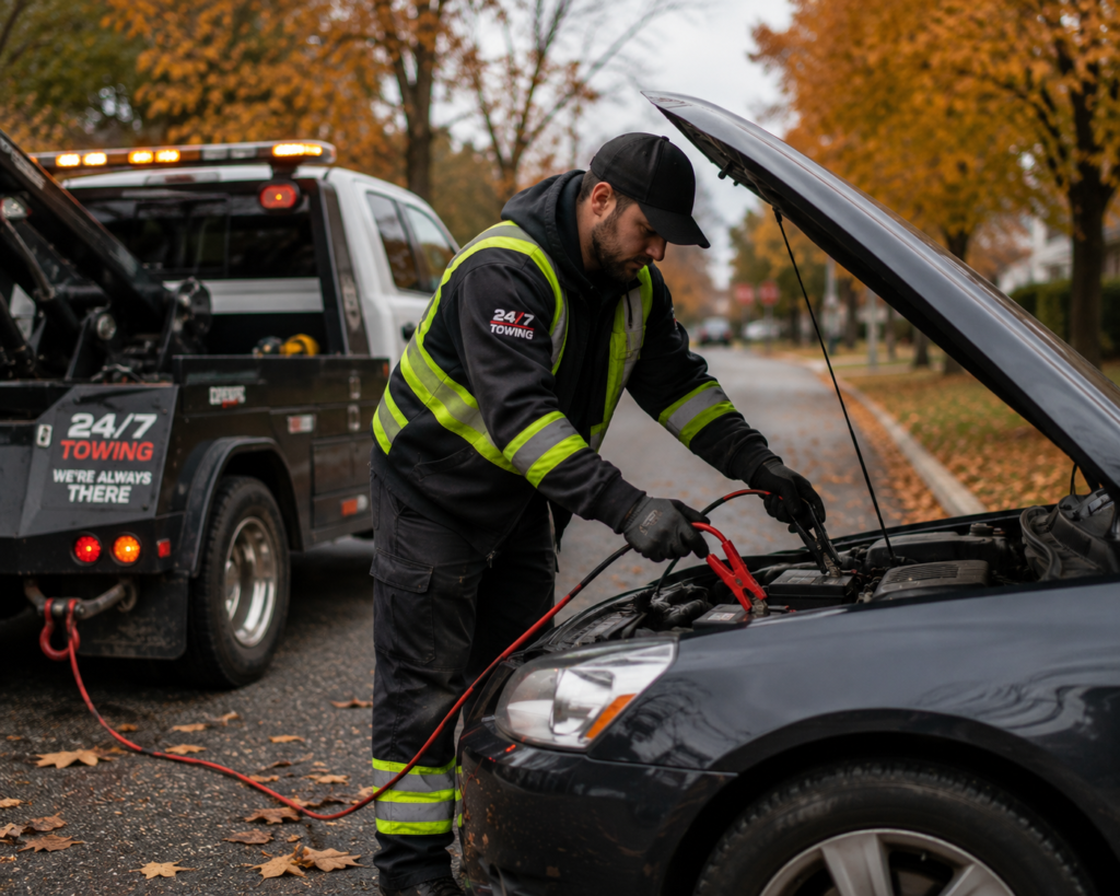 Tow operator jump-starting a vehicle during early fall