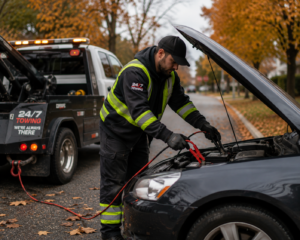 Tow operator jump-starting a vehicle during early fall