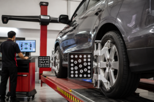 Vehicle receiving wheel-alignment service.