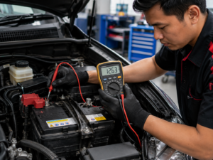 echnician testing a vehicle battery