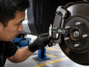 Technician measuring brake-pad thickness.