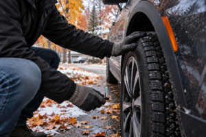 Tire inspection before winter driving in Michigan.